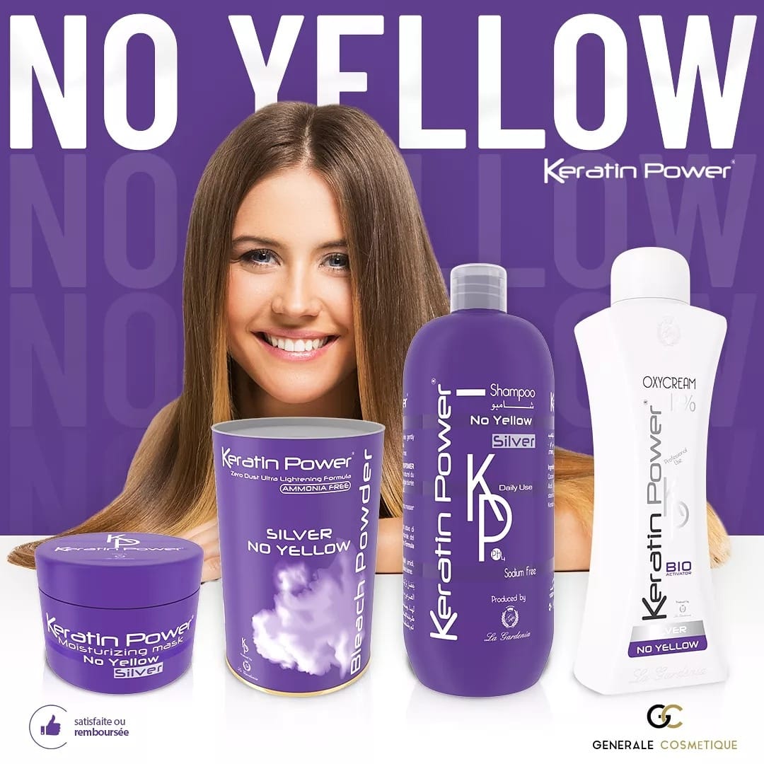 NO YELLOW Silver de #keratinpower pour des cheveux pleins de vitalité😍👌.  Une Gamme complète لشعر مثالي و أكثر حيوية ✴️Shampoing et Mask #sodiumfree لاستعمال يومي👌😉 ✴️Bleach Powder #ammoniafree لتفتيح الشعر حتى 9 درجات🤩💯 ✴️Oxycream Oxydant Keratin #bioactivator للون شعر جذاب دون تلف🔝👌